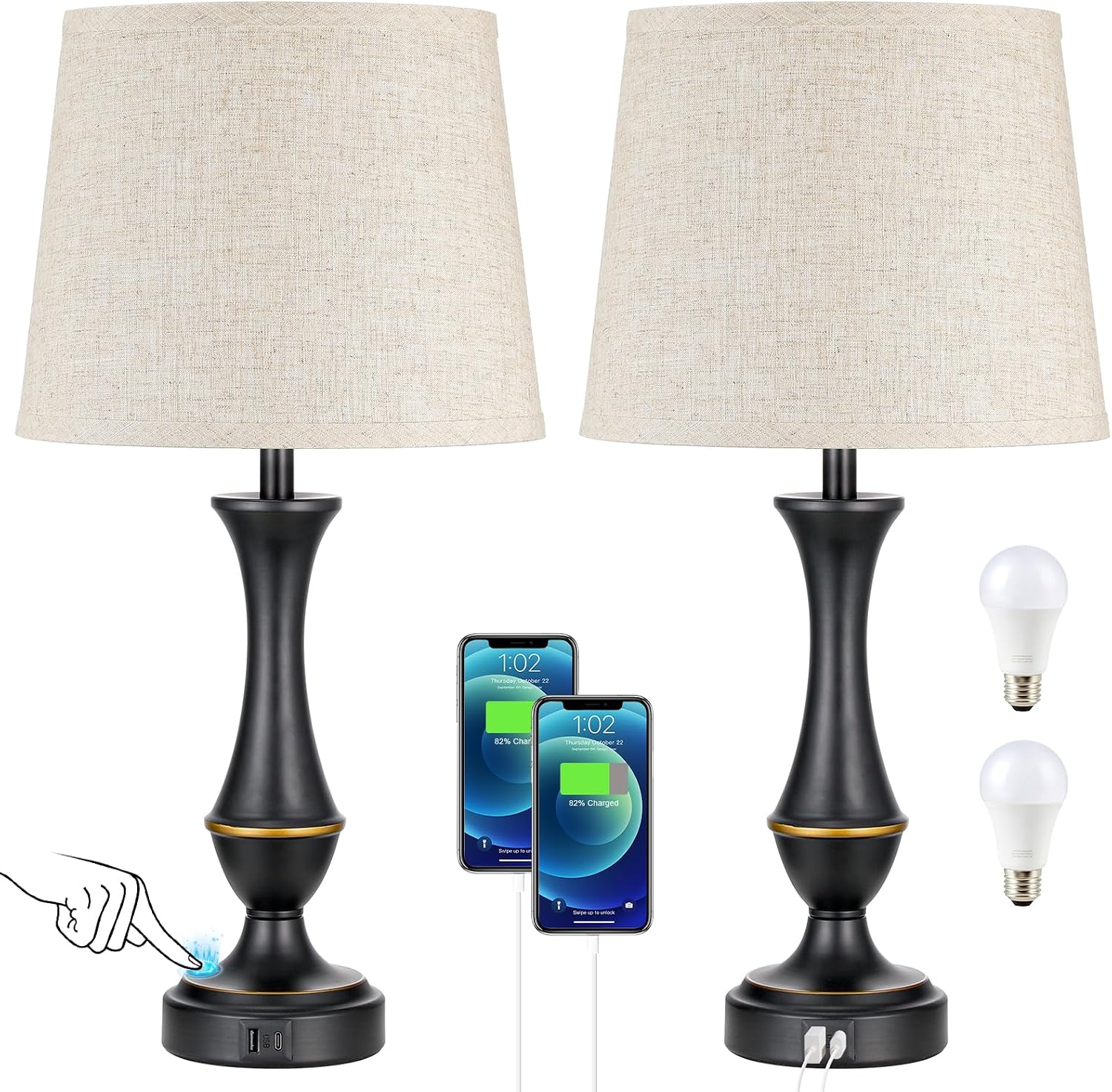 Seealle Upgraded Touch Lamps for Night Stands Set of 2 - Bedside Lamps with USB C+A, 3 Way Dimmable for Bedroom Living Room End Tables…