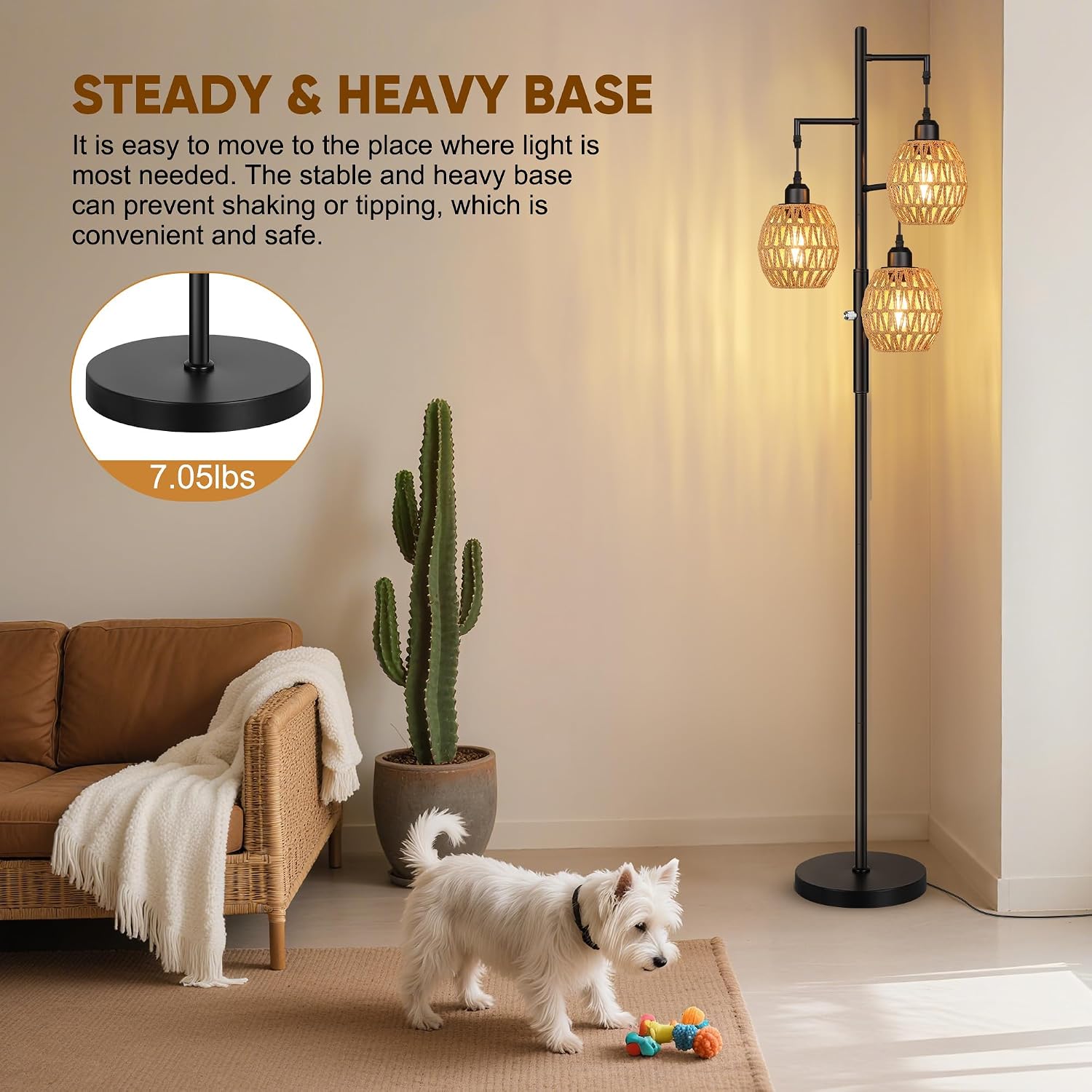 ROTTOGOON Dimmable Boho Floor Lamp - 3 Light Farmhouse Rattan Floor Lamps for Living Room, Tree Floor Lamps with Bohemian lampshades…