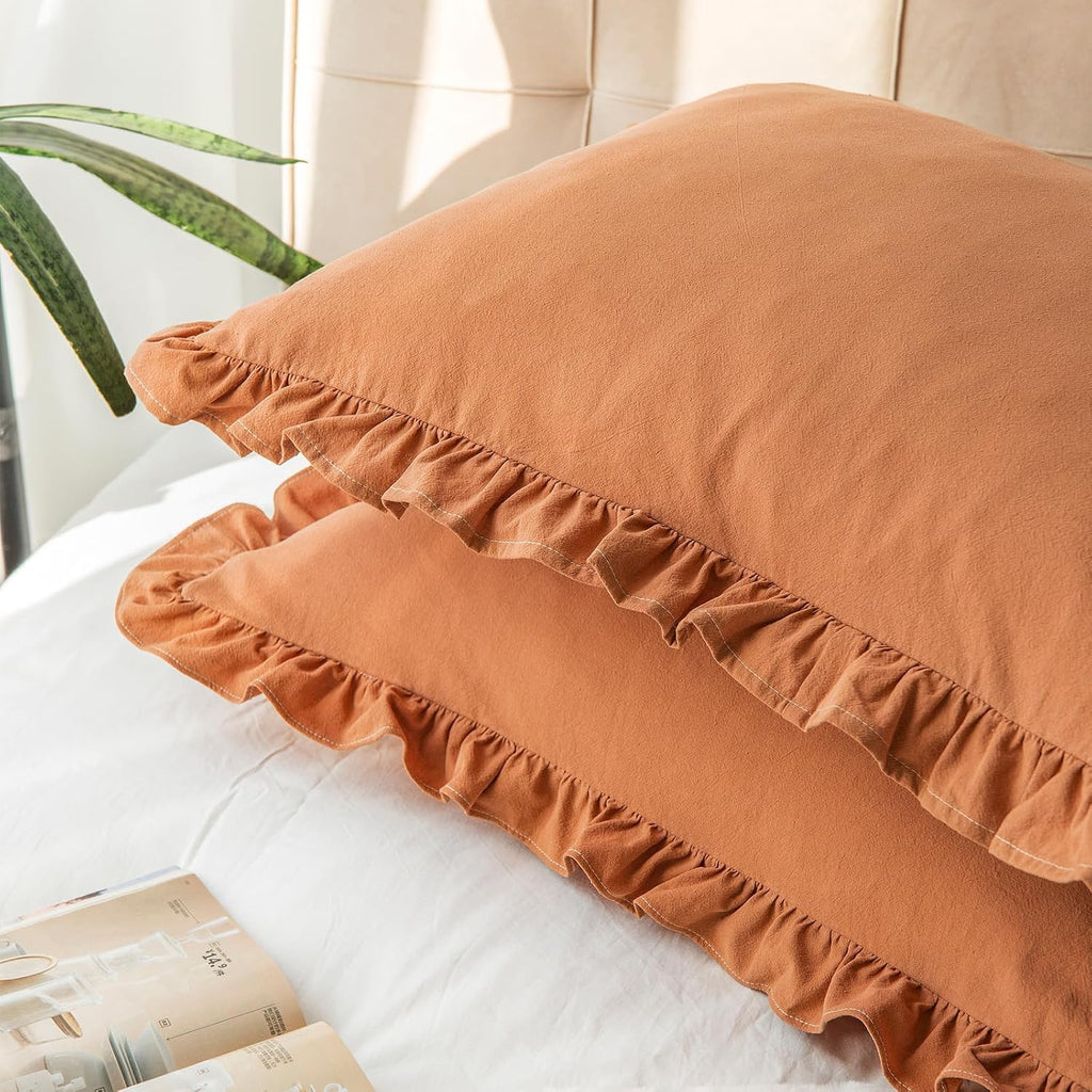 GLORY SEASON Pillow Shams Set of 2 Washed 100% Cotton Retro Ruffle Flounces Trim Solid Beige Decorative Pillow Cases for Home Bedroom…