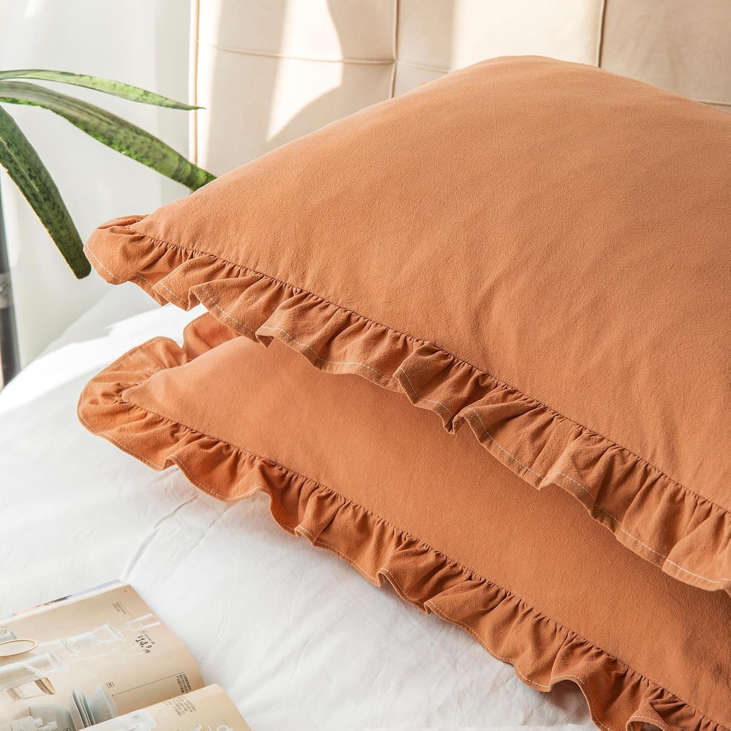 GLORY SEASON Pillow Shams Set of 2 Washed 100% Cotton Retro Ruffle Flounces Trim Solid Beige Decorative Pillow Cases for Home Bedroom…