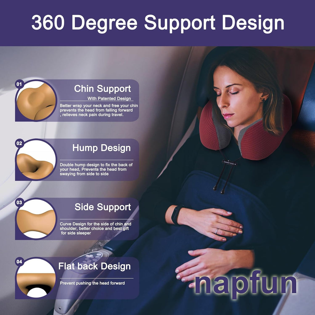 napfun Neck Pillow for Traveling, Upgraded Travel Neck Pillow for Airplane 100% Pure Memory Foam Travel Pillow for Flight Headrest Sleep…