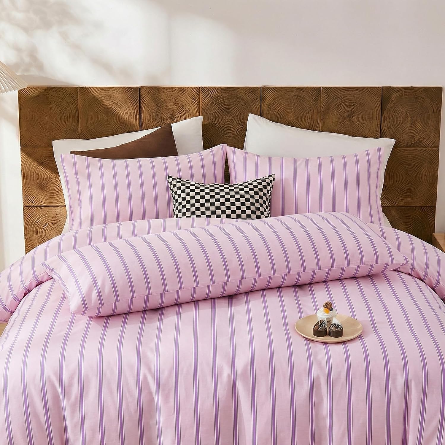 Merryword 100% Cotton Pillow Cases, King Size Pillowcases, Pink & Purple Striped Pillowcases, Luxury Linen Like Pillowcase, Soft Breathable…