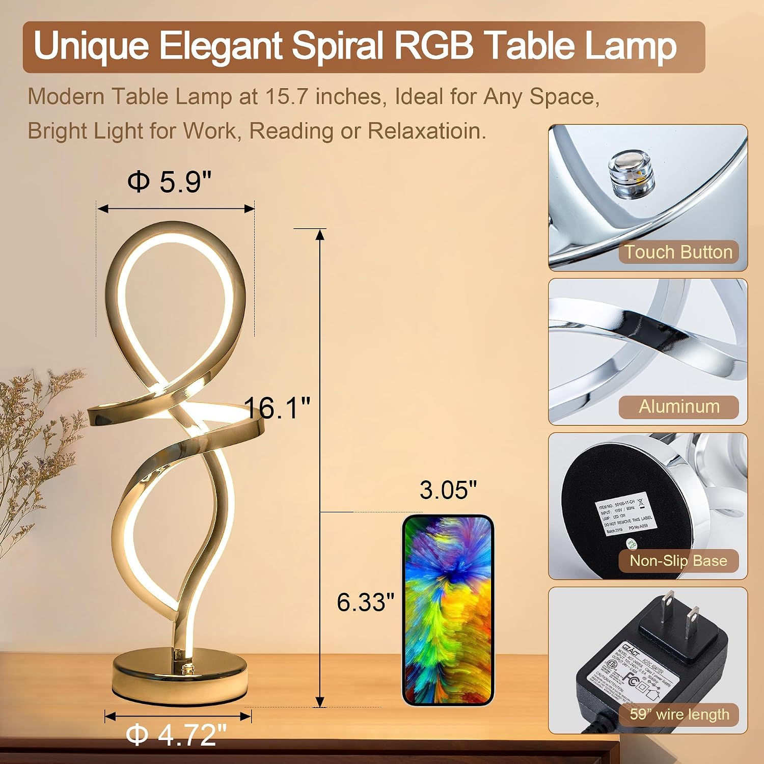 Mayful RGB Modern Table Lamp with 15W LED Unique Spiral Design, Silver Small Bedside Lamp & Nightstand Lamp, Touch Dimmable with 7 Colors…