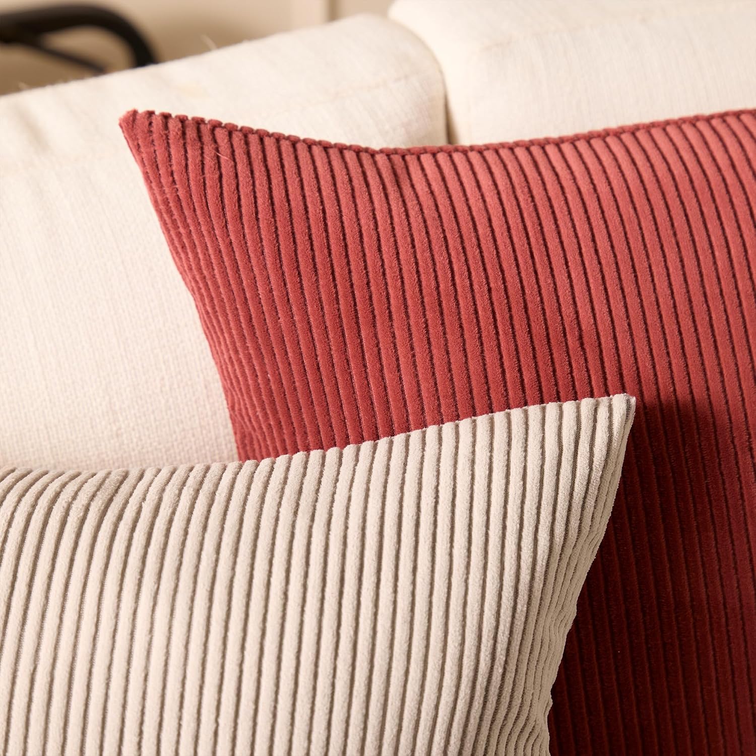 EncasaXO Encasa XO Corduroy Throw Pillows Covers 20"x20", Set of 2 Soft Textured Striped Boho Pillow Covers | Decorative and Cozy Cushion C…