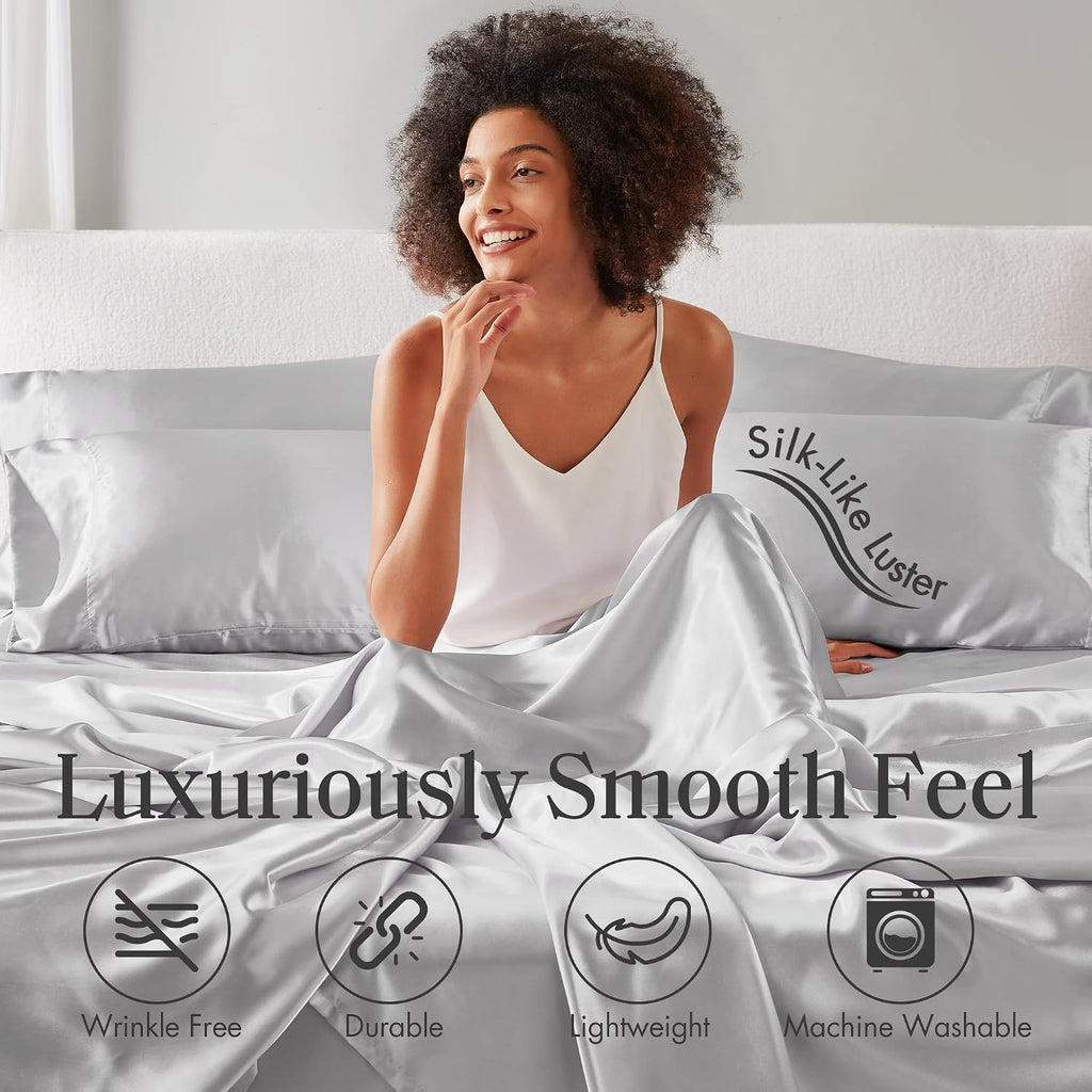 Madisonpark Madison Park Essentials Satin Sheet Set Luxury and Silky with Natural Sheen, Elastic 14" Pocket fits up to 16" Mattress, All Ar…