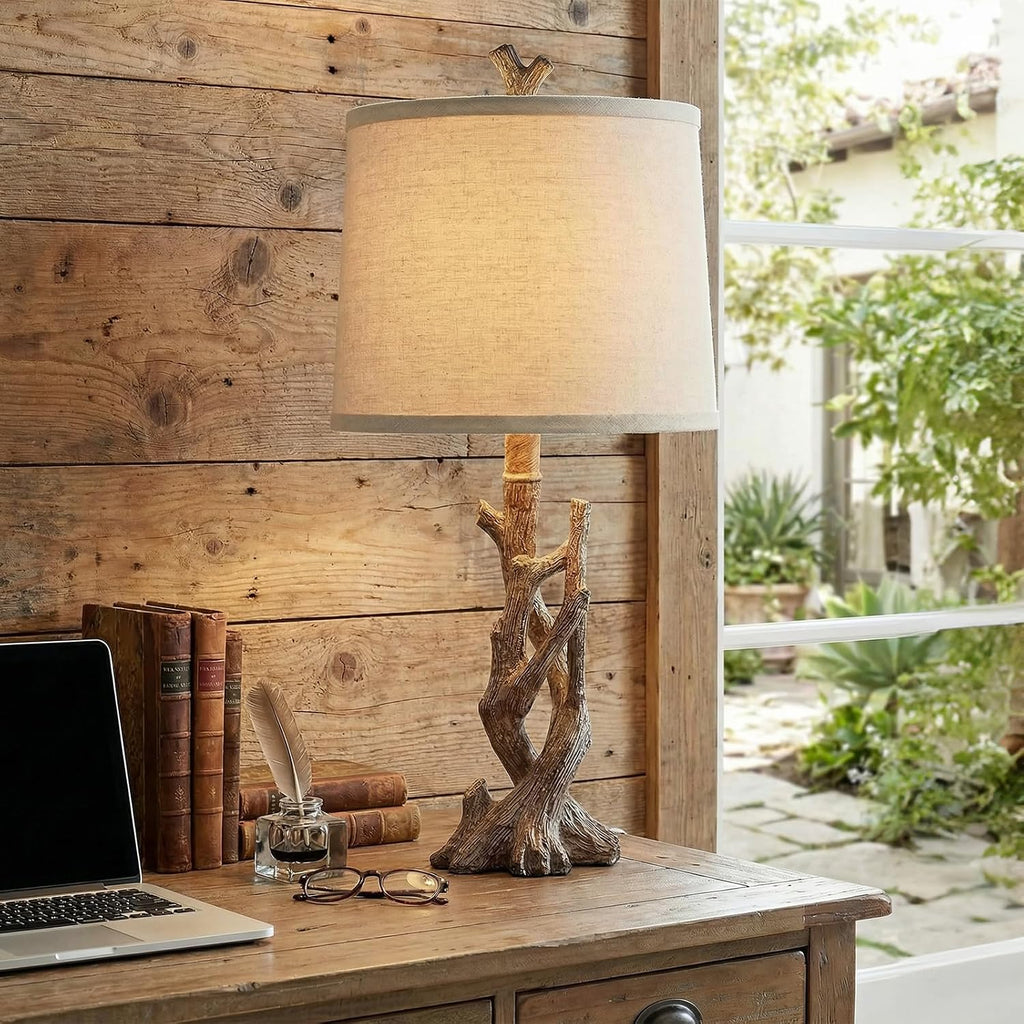 OYEARS 23" Rustic Farmhouse Table Lamp Country Cottage Lamps for Nightstand Tree Trunk Wood Grain Lamp for Bedroom Living Room with…