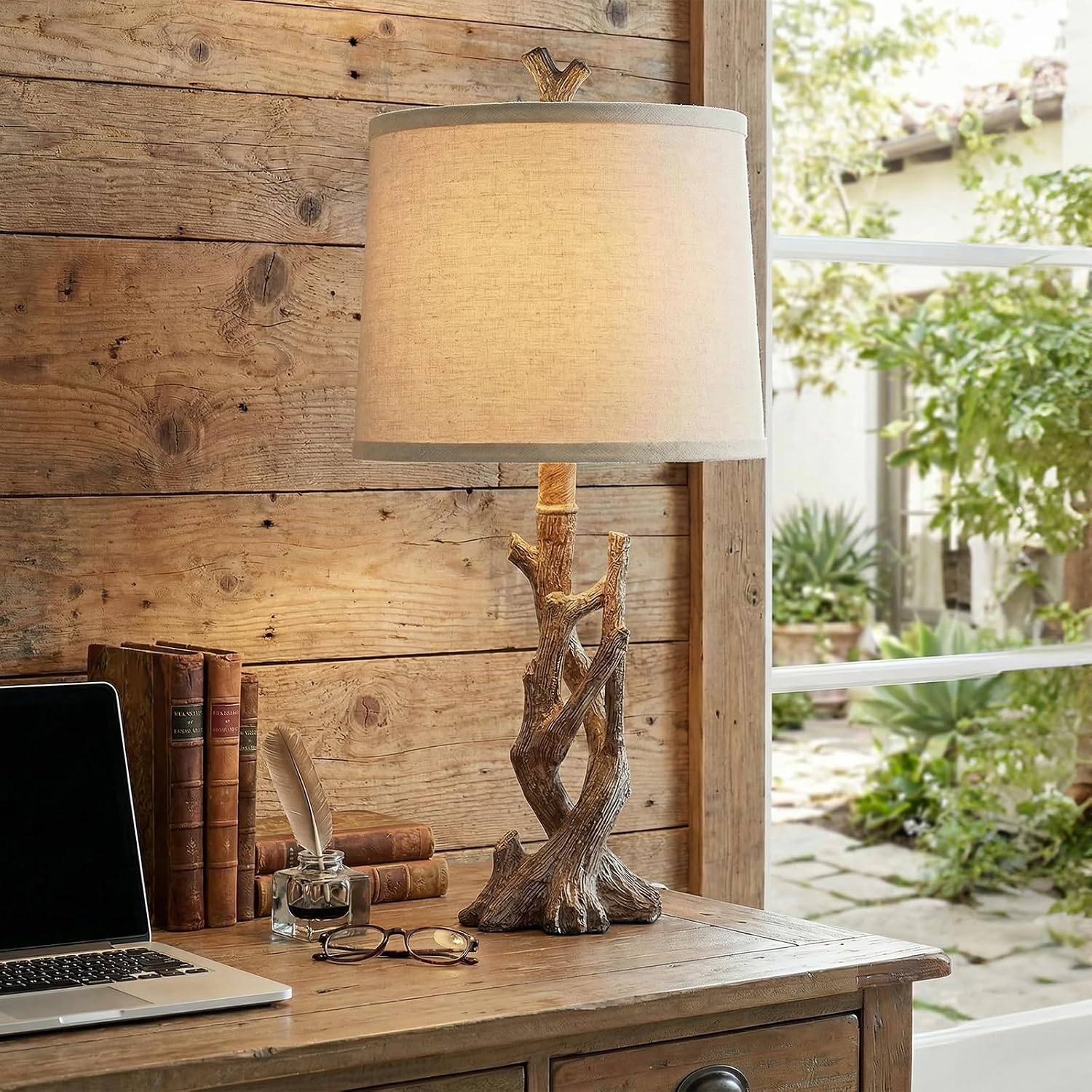 OYEARS 23" Rustic Farmhouse Table Lamp Country Cottage Lamps for Nightstand Tree Trunk Wood Grain Lamp for Bedroom Living Room with…