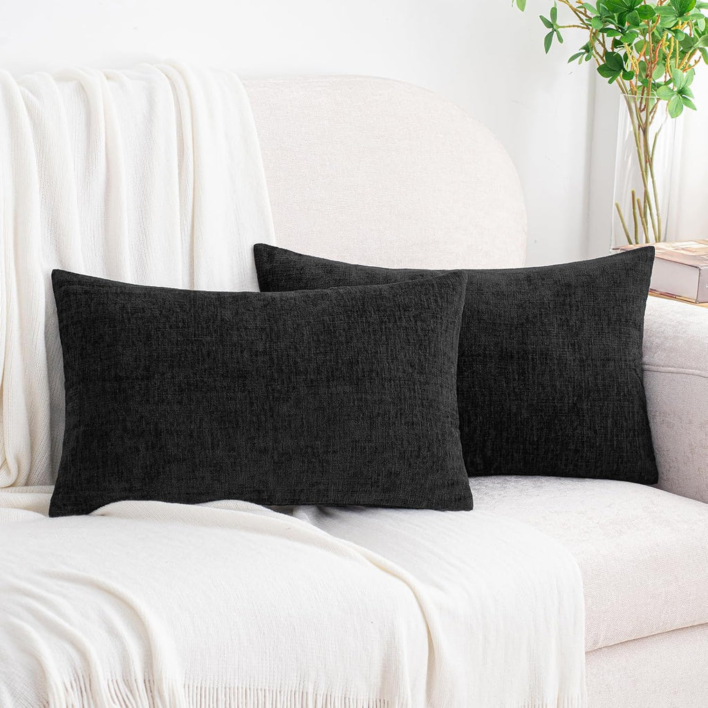 Hwy50 HWY 50 Black Lumbar Pillow Covers 12x20 Inch Pack of 2, Soft Chenille Decorative Throw Pillow Covers Farmhouse for Couch Sofa Living…