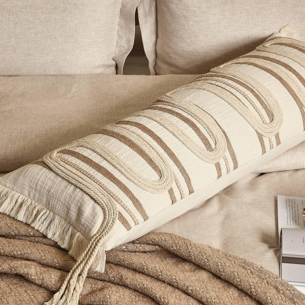 Aibuhome Beige Boho Body Pillow Cover 14x36 Inches, Handwoven Cotton Linen Lumbar Pillow Cover with Tassels, Farmhouse Decorative Cushion C…