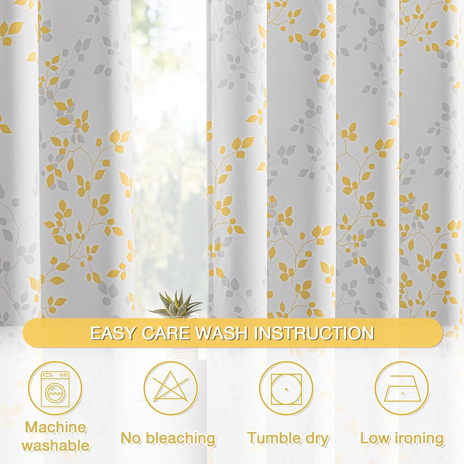 Meetsky 95% Blackout Curtains for Living Room 2 Panel Set - Room Darkening Thermal Insulated Grommet Window Drapes, Yellow Grey Leaf Printe…