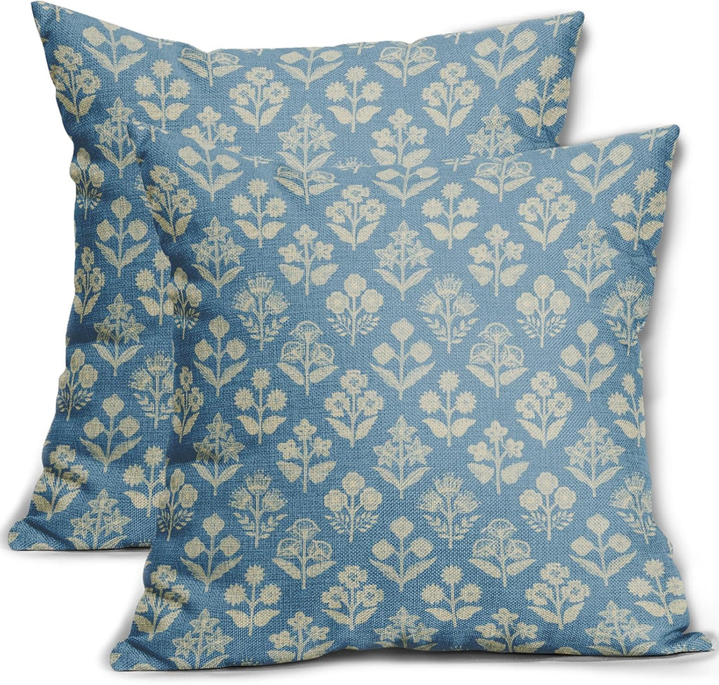 Light Blue Floral Block Print Pillow Covers 20x20 Inch Set of 2, Vintage Flower Pattern Decorative Throw Pillowcases Outdoor Farmhouse…