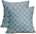 Light Blue Floral Block Print Pillow Covers 18x18 Inch Set of 2, Vintage Flower Pattern Decorative Throw Pillowcases Outdoor Farmhouse…
