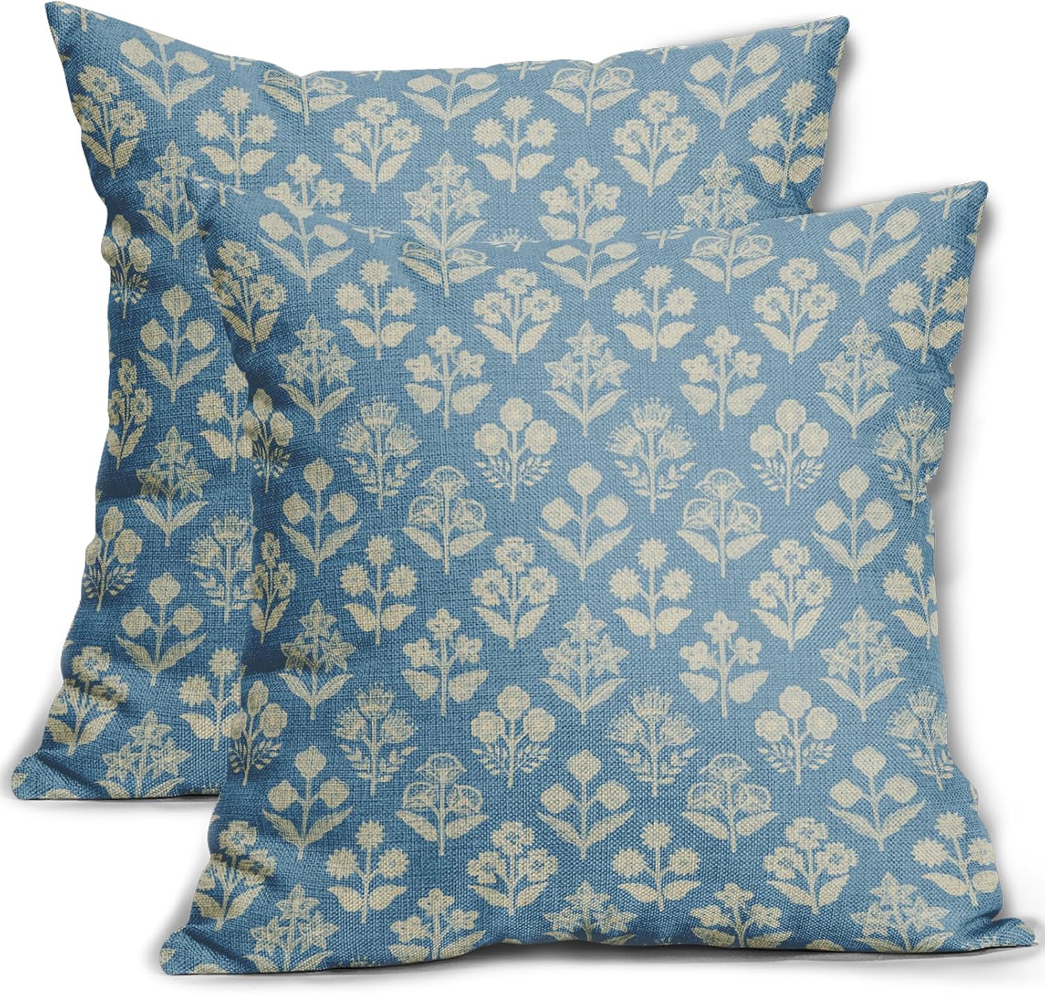 Light Blue Floral Block Print Pillow Covers 16x16 Inch Set of 2, Vintage Flower Pattern Decorative Throw Pillowcases Outdoor Farmhouse…