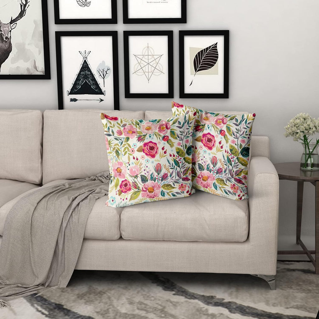 Spring Summer Flower Throw Pillow Covers 20X20 Inch Watercolor Peony Pillowcase Hot Pink Floral with Green Leaves Girly Decorative Square…