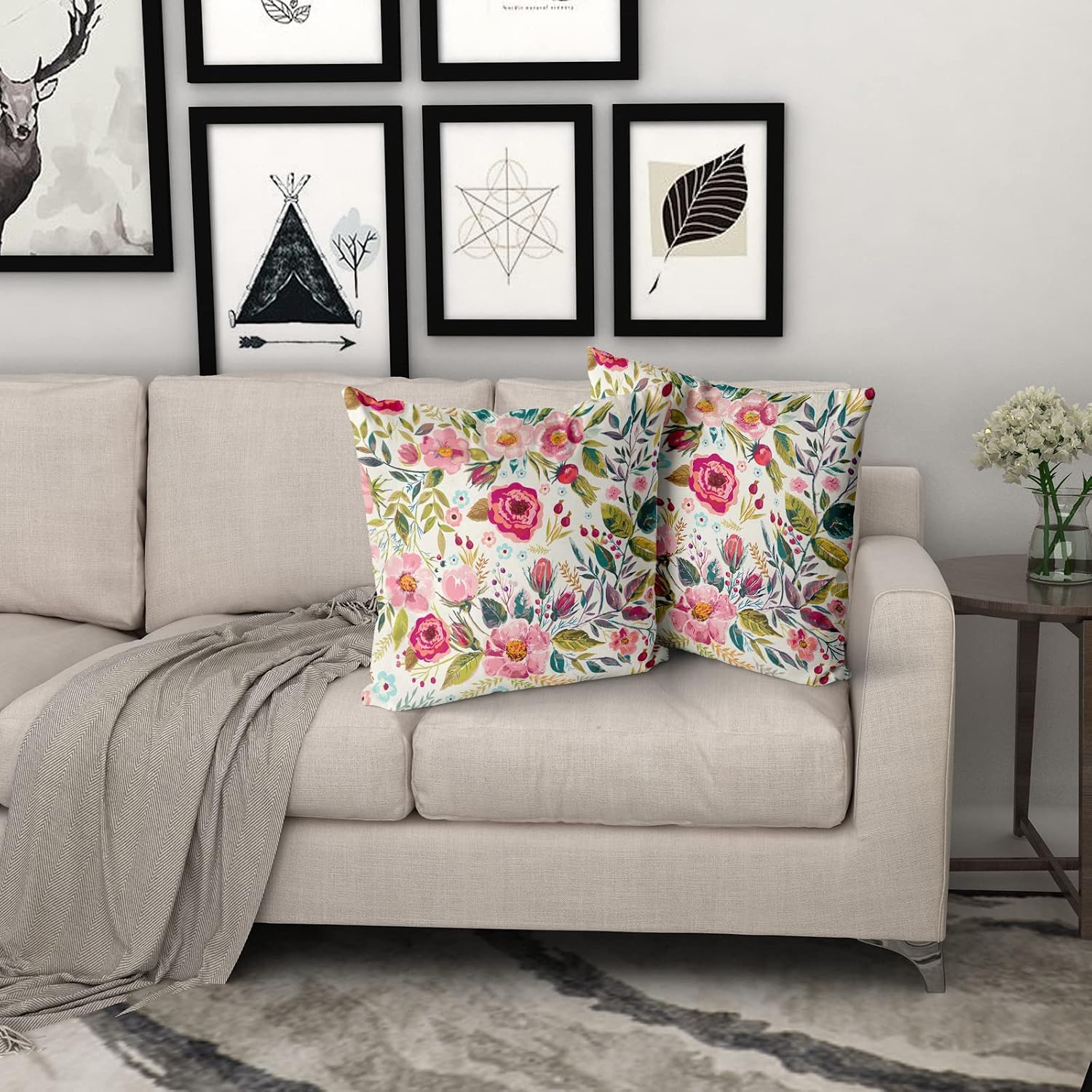 Summer Flower Throw Pillow Covers 16X16 Inch Watercolor Peony Pillowcase Hot Pink Floras With Green Leaves Girly Decorative Square Cotton…