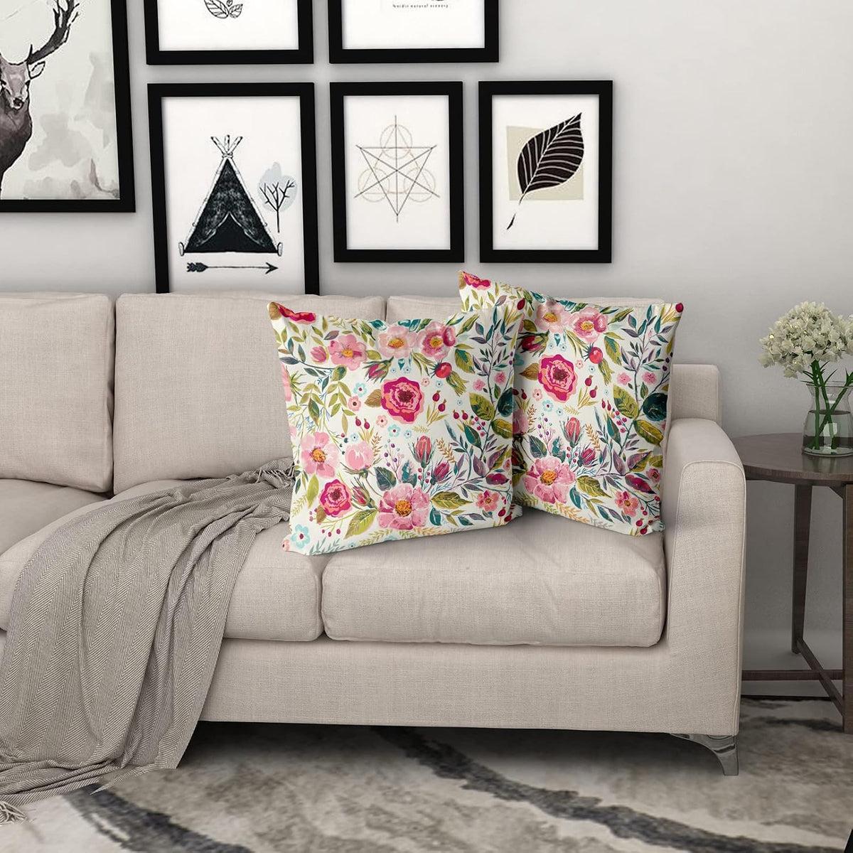 Spring Summer Flower Throw Pillow Covers 22x22 Inch Watercolor Peony Pillowcase Hot Pink Floral with Green Leaves Girly Decorative Square…