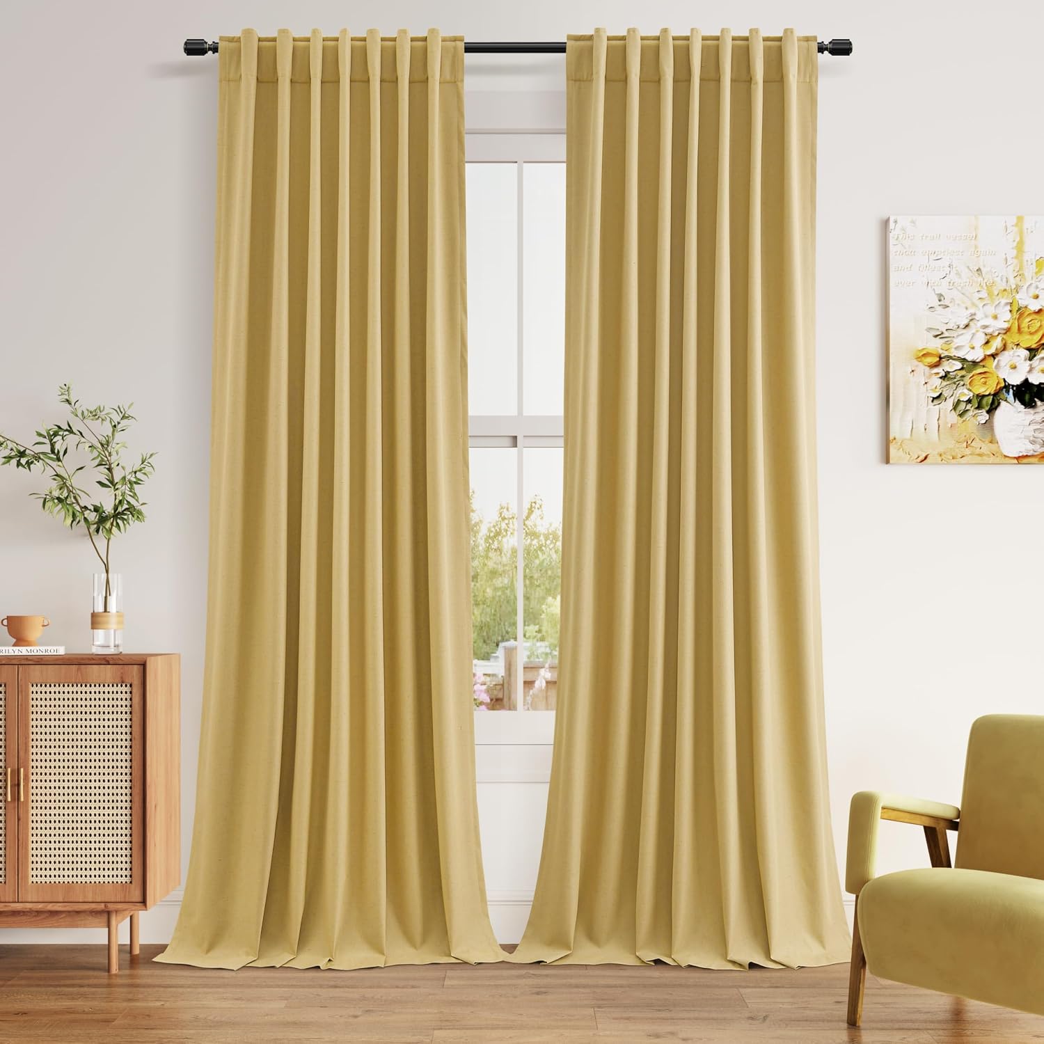 Guken 100% Blackout Curtains 100 Inch Length 2 Panels Set for Living Room Bedroom Back Tab Thermal Insulated Black Out Linen Drapes Room Da…