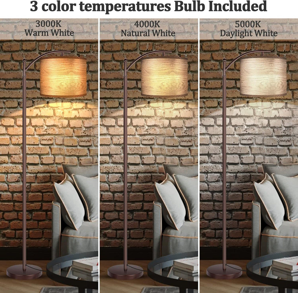 Floor Lamp for Living Room, LED Standing Lamp Tall Industrial Floor Lamp Reading for Bedroom, Office (9W LED Bulb, Wood Grain Lampshade…