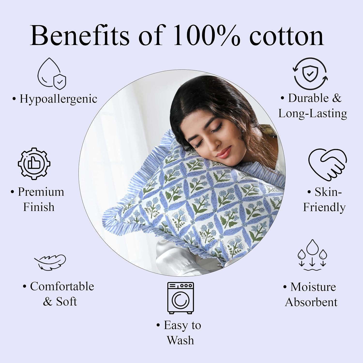Ridhi Block Print Light Steel Blue 20"x12" Set 1-100% Cotton Ruffle Lumbar Sham Cover Boho Floral Pillowcase, Farmhouse Cottagecore…