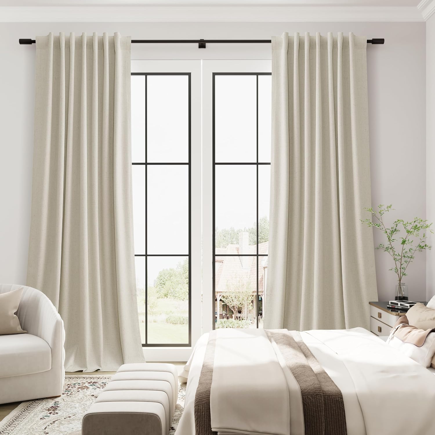 Guken Warm Beige Linen 100% Blackout Curtains 102 Inches Long Back Tab Thick Luxury Linen Textured Thermal Light Blocking Privacy Curtains…