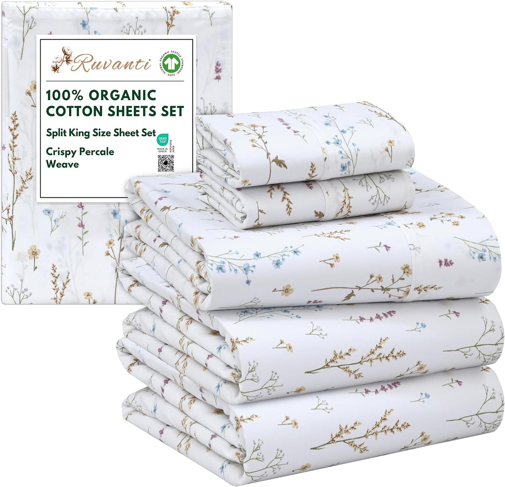 Ruvanti 100% Cotton Organic Percale Sheets Split King Size – Crisp Cooling Bed Sheets for Hot Sleepers, Deep Pocket 15”, Soft Peach Finish,…