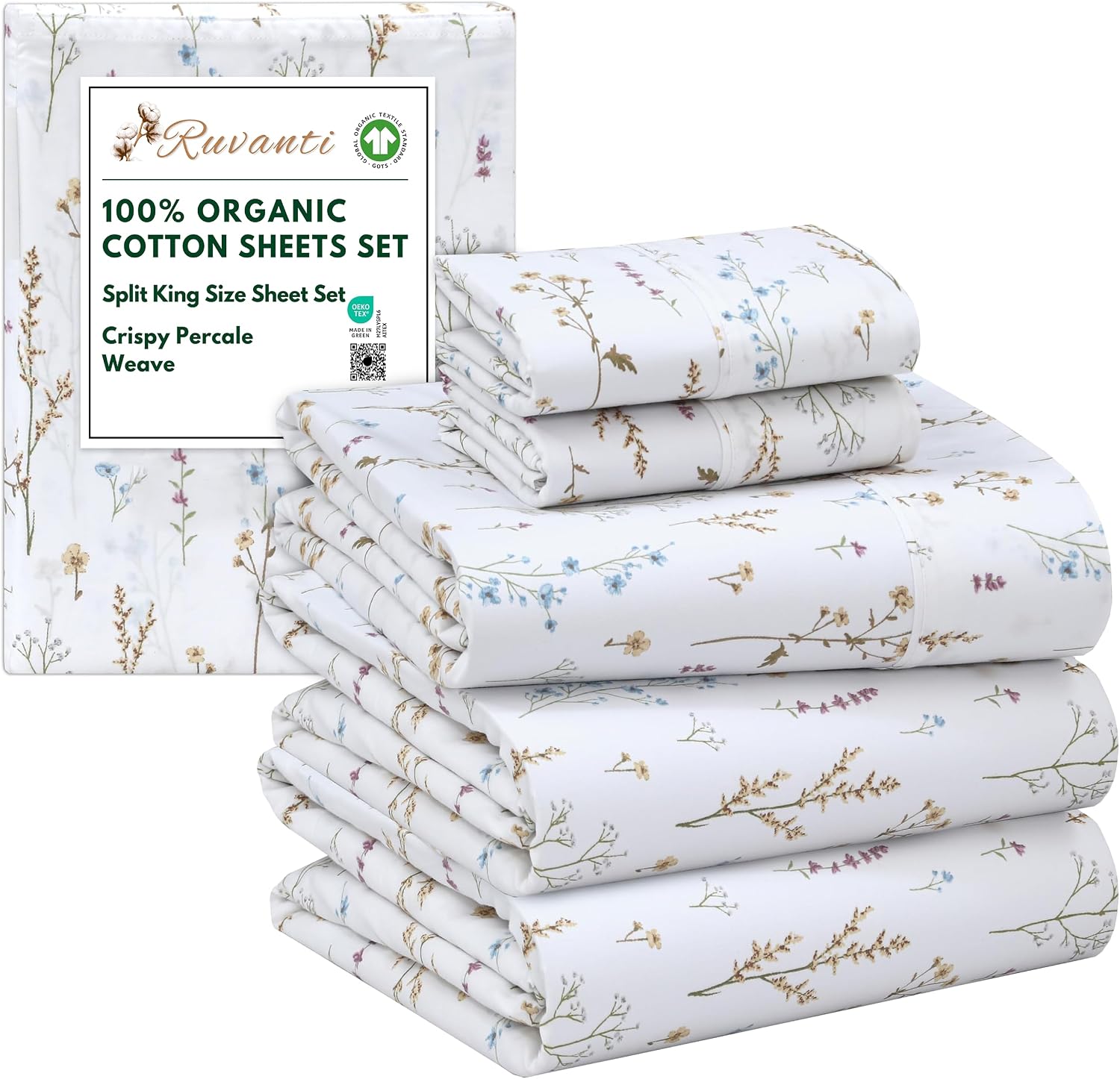 Ruvanti 100% Cotton Organic Percale Sheets Split King Size – Crisp Cooling Bed Sheets for Hot Sleepers, Deep Pocket 15”, Soft Peach Finish,…