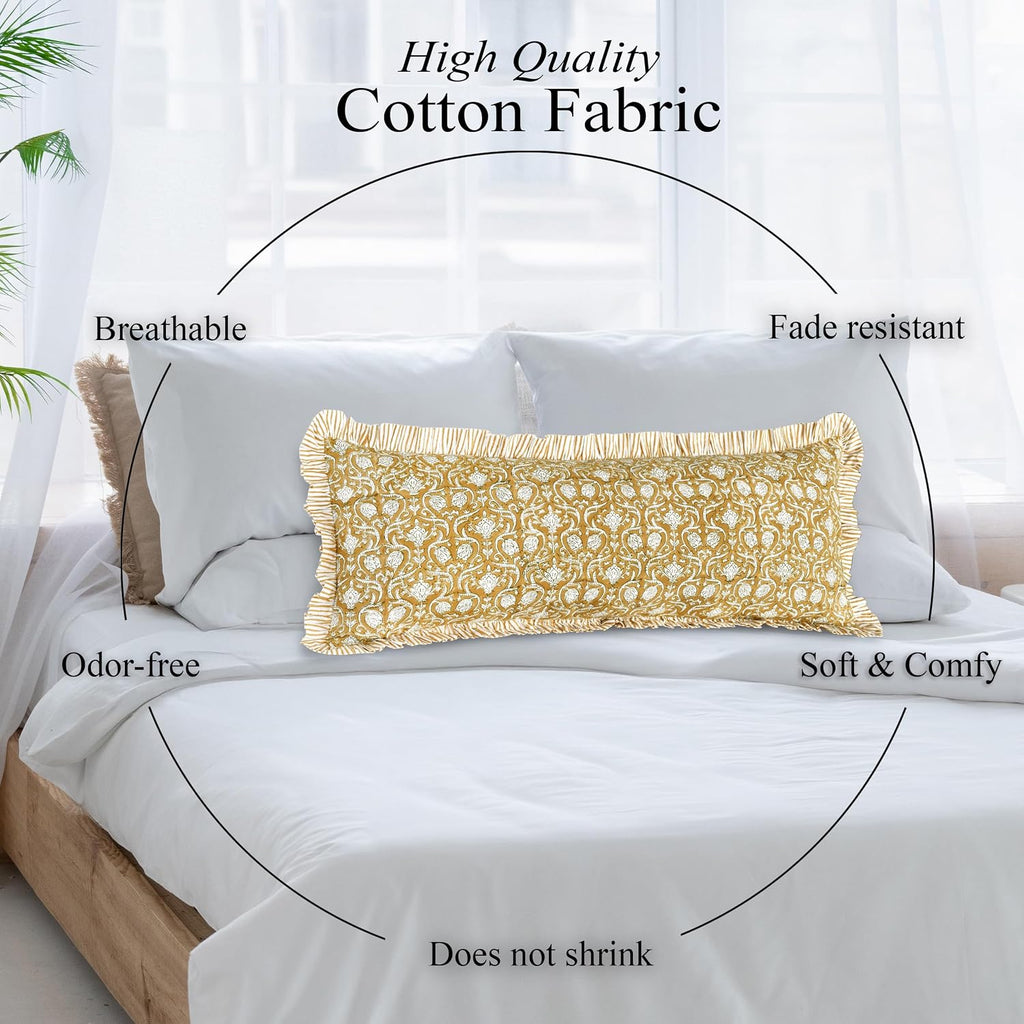 Cottonprintclub CPC Hand Block Print Mustard Regal Ruffle Sham Pillow Cover 36" x 14" inch Hidden Zipper Decorative Pillowcase for Couch, B…