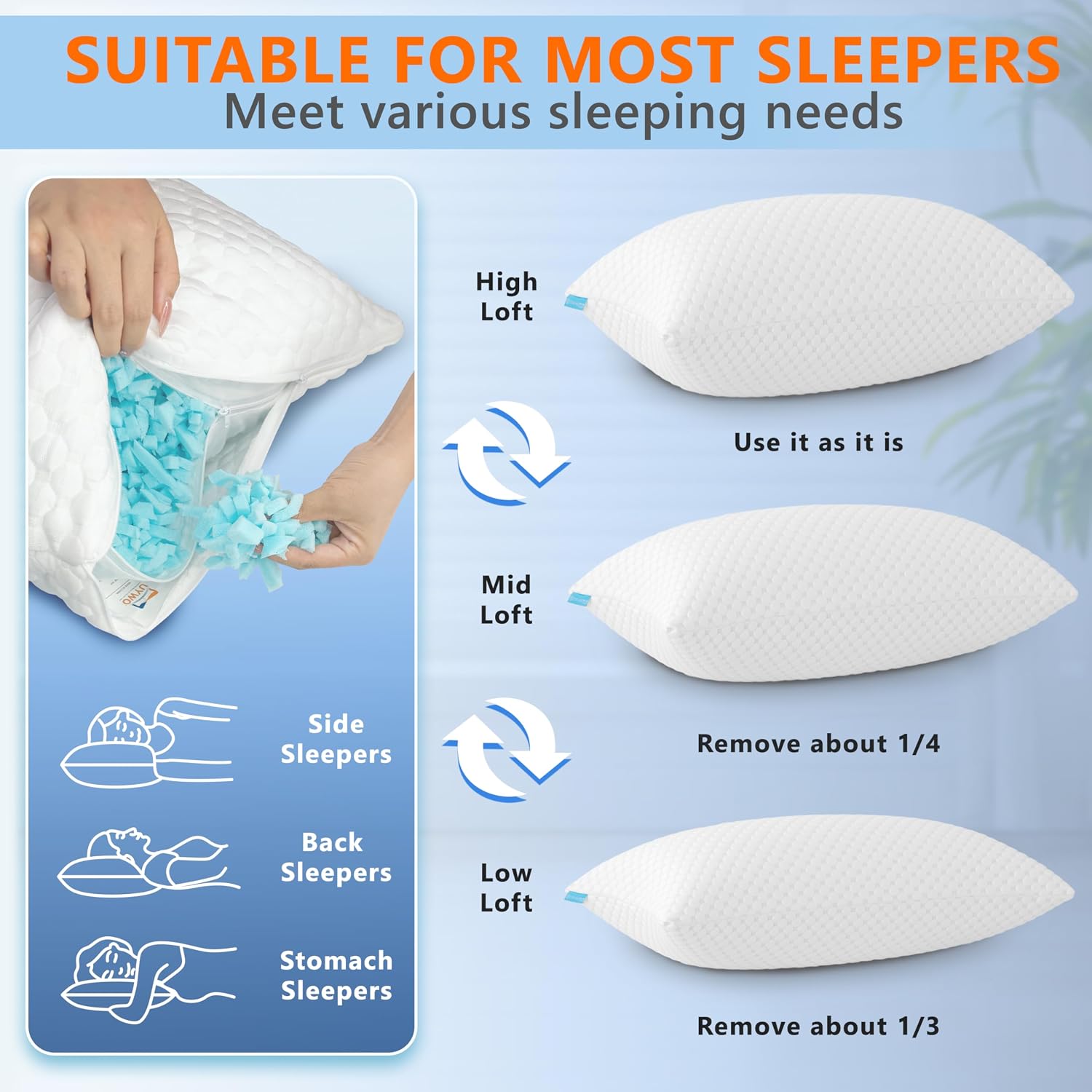 UYWO Cooling Pillows King Size Set of 2, Memory Foam Pillows with Zipper, Firm Bed Pillows Adjustable for Hot Side Back Stomach Sleepers