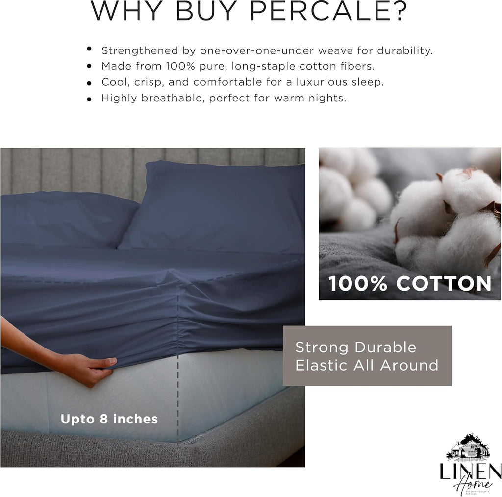 Linenhome Linen Home 6 Piece Queen Cotton Sheet Set, 100% Cotton Percale, 4 Pillowcases, Deep Pocket with All Around Elastic Sheet, Crisp B…