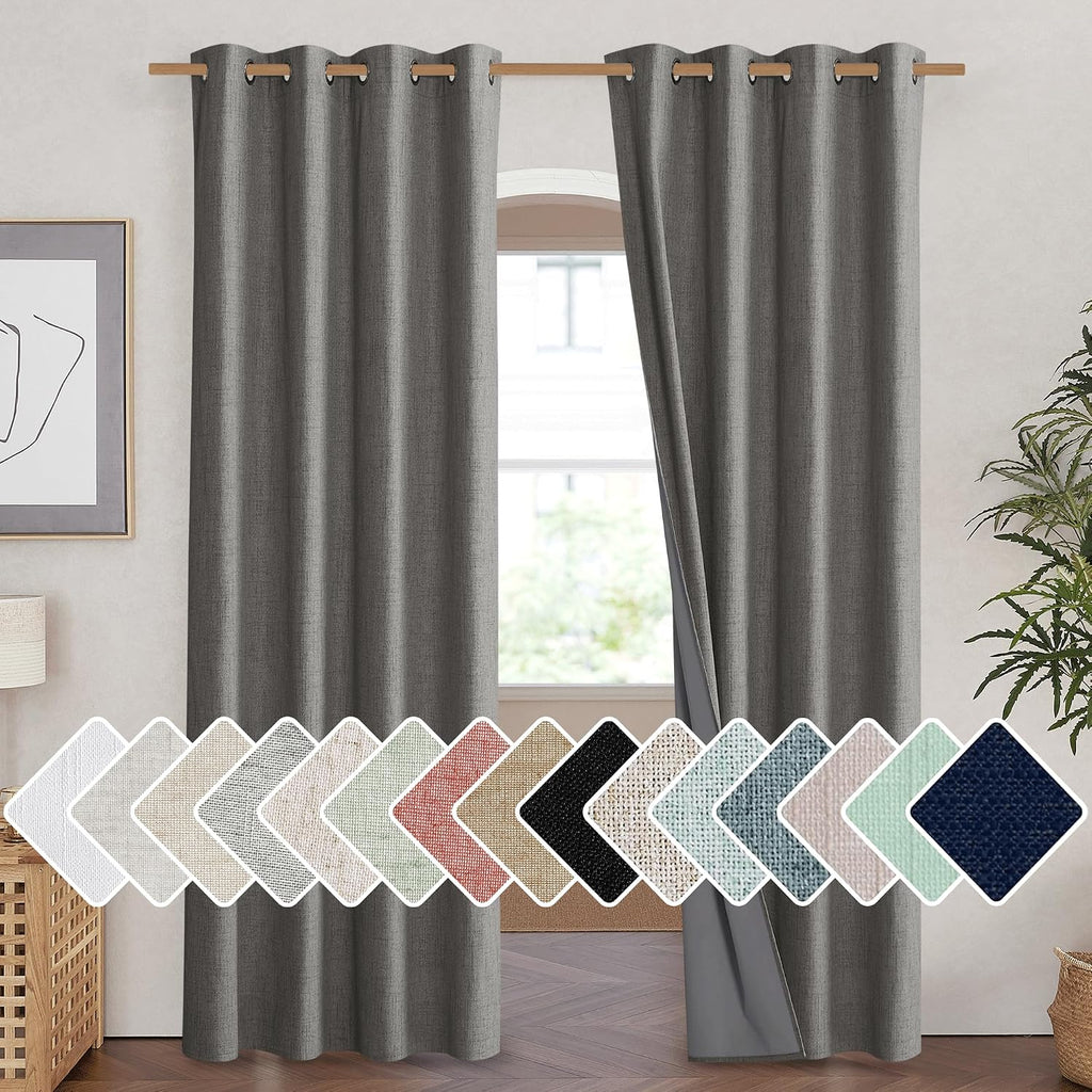 NICETOWN Grizzle Gray Vintage Linen 100% Blackout Curtains for Living Room, Thermal Insulated Curtains 90" Long, Noise Reducing Window…
