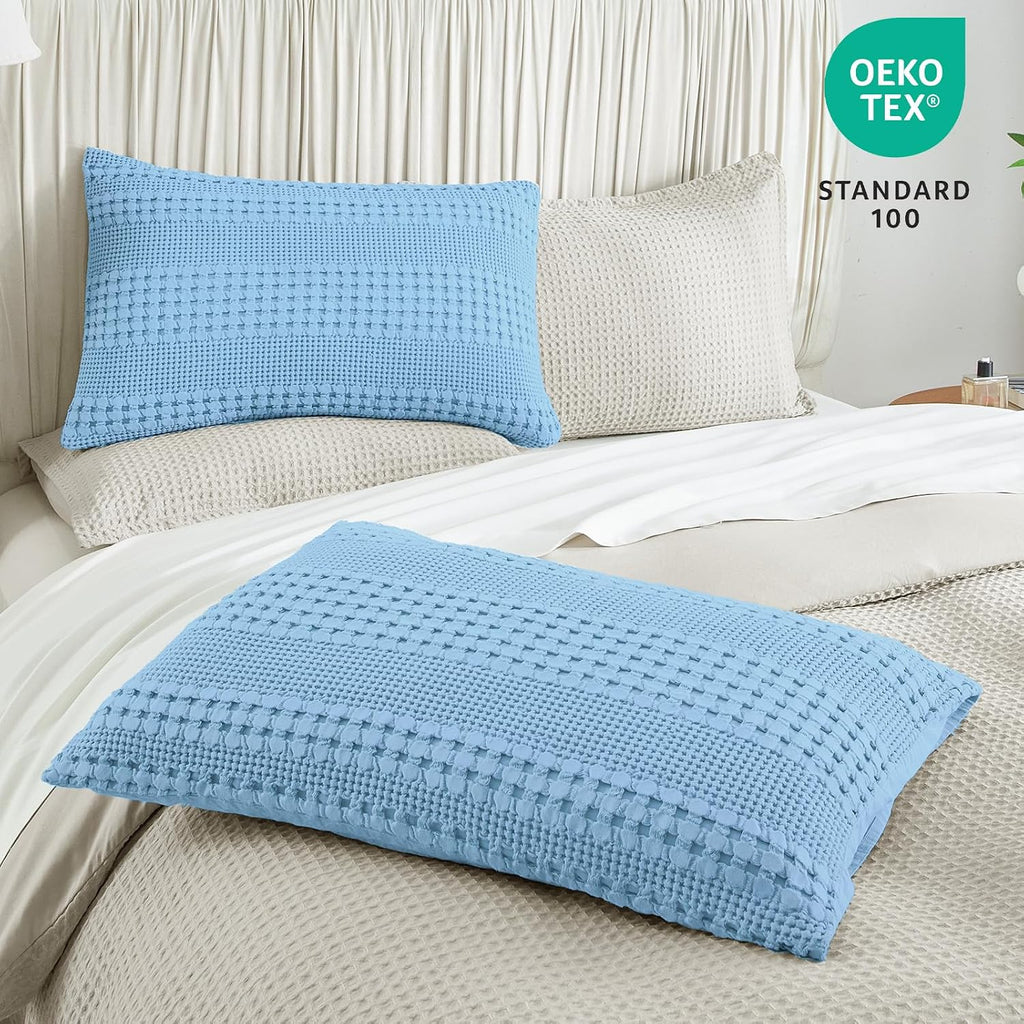 Phf Waffle Weave Pillow Shams Queen Size, 2 Pack 100% Cotton Pillowcases 20" x 30", No Insert, Soft & Breathable Aesthetic Woven Pillow Cas…