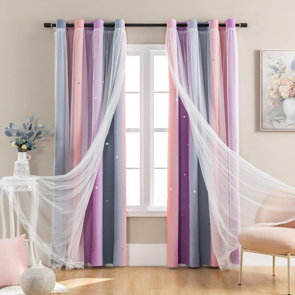Addsomecolortolife XiDi Dream Star Blackout Curtains for Kids Rooms Girls Princess Curtain for Bedroom Window 84 inches Long (Grey Pink Pur…