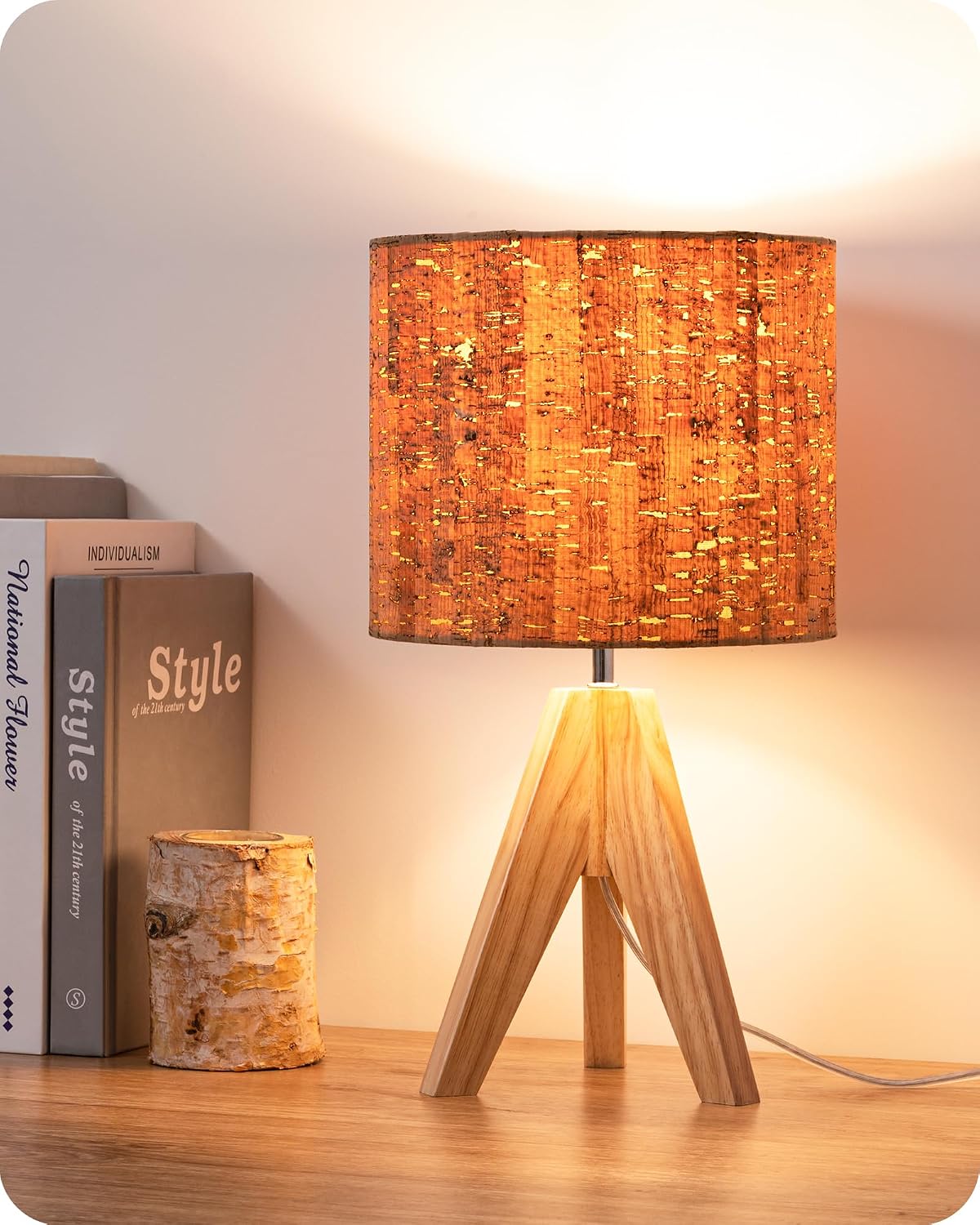 EDISHINE Small Table Lamp, Wooden Tripod Nightstand Lamp with Bark Linen Shade, Farmhouse Bedside Lamp for Nursery, Bedroom, Kids Room…