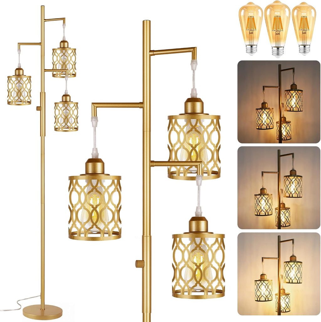 ROTTOGOON 68" Gold Floor Lamp, Dimmable Industrial Floor Lamps for Living Room, 3 Light Rustic Standing Tall Lamp Including 3 PCS 6W E26…