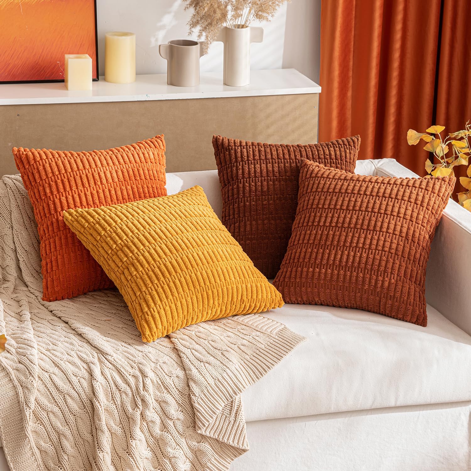 Miulee Pack of 2 Dark Rust Corduroy Decorative Pillow Covers 18x18 Inch Soft Boho Striped Throw Pillow Covers Modern Farmhouse Home Decor f…