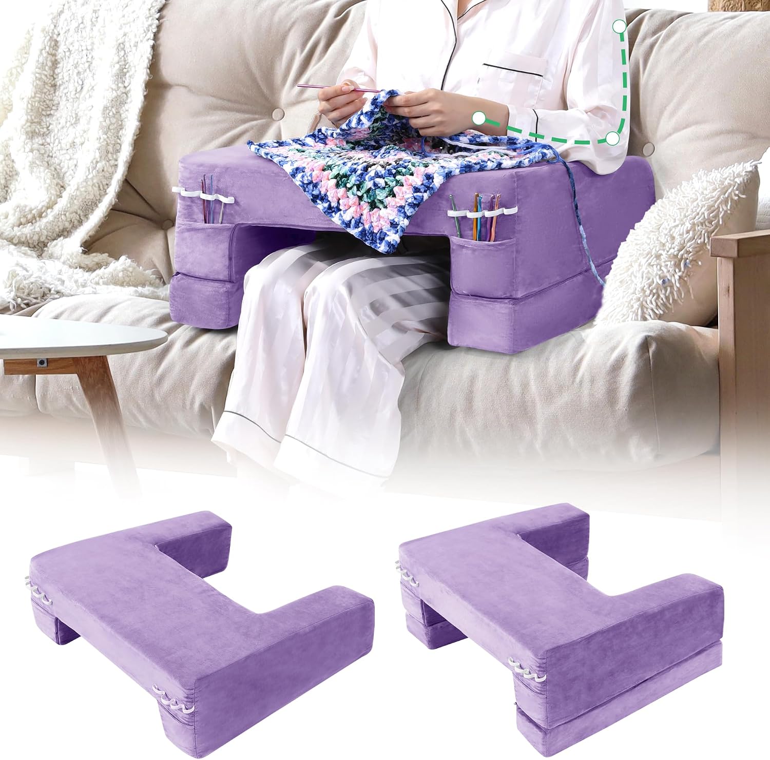 Hombys Adjustable Foam Crochet Pillow for Lap Support, Soft Velvet Reading & Gaming Pillow with Side Pocket and Elastic Band, Desk Pillow f…