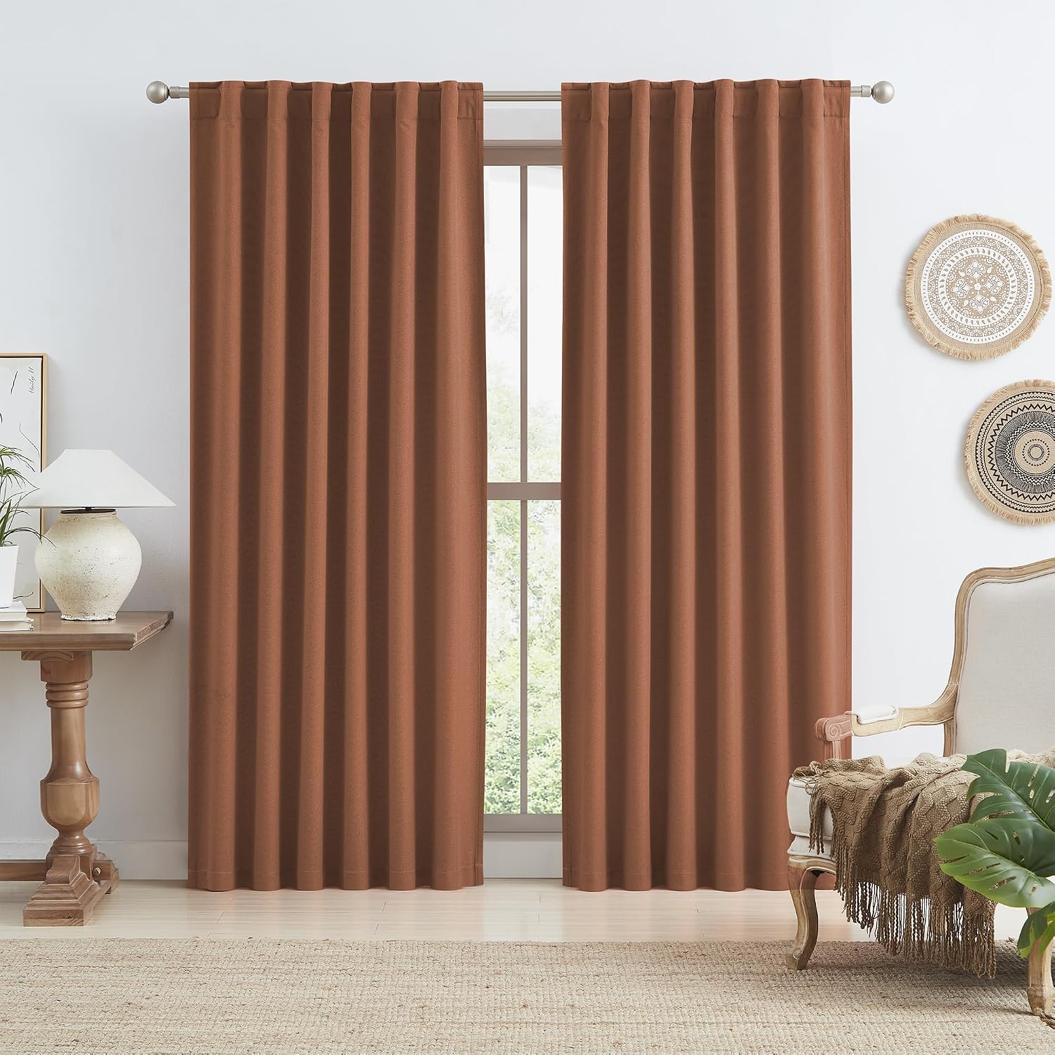 Keqiaosuocai Rust Terracotta Blackout Curtains 96 Inch Length 2 Panels Boho Fall Bohemian Back Tab Hook Belt Pleated Brick Red Copper Color…