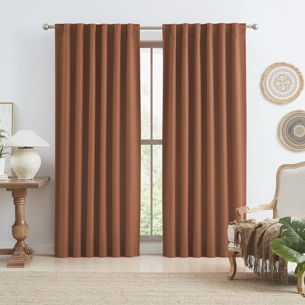 Keqiaosuocai Rust Linen Blackout Curtains for Bedroom 84 Inch Length 2 Panels Set Boho Fall Decor Back Tab Pocket Hook Belt Brick Rust Text…