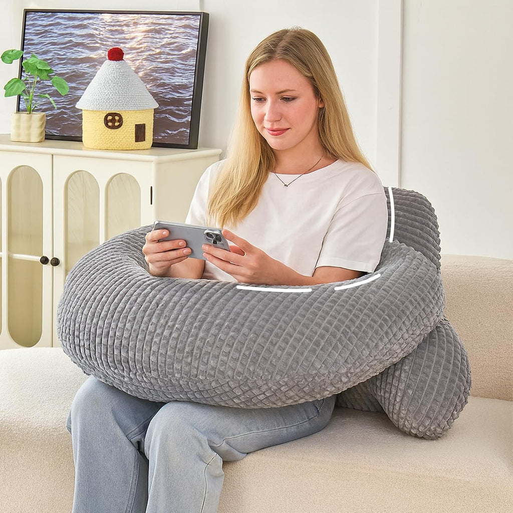 Bed Reading Pillow with Arms 19", Cozy Flannel U Shaped Back Support Cushion for Sit up in Bed, Ergonomic Lumbar Backrest for Adult…