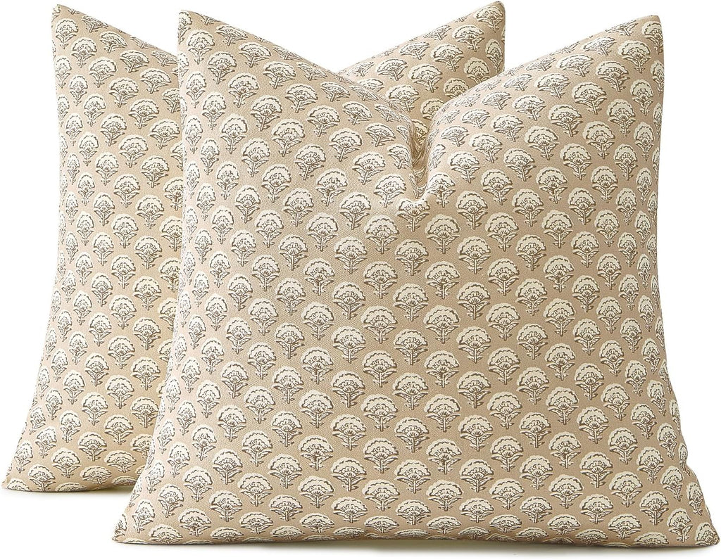 MIULEE Set of 2 Decorative Floral Pillow Covers Neutral Vintage Throw Pillows Block Print Boho Farmhouse Cushion Covers for Spring Home…