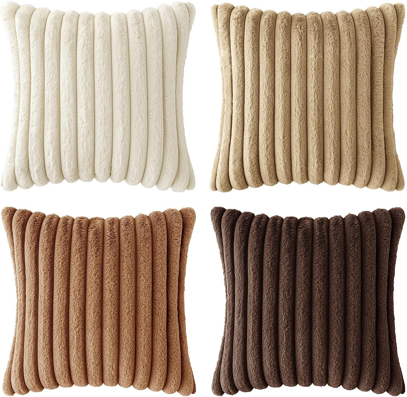Miulee Faux Fur Plush Decorative Throw Pillow Covers 18x18 Set of 4, Boho Farmhouse Soft Fuzzy Striped Cushion Covers for Sofa Couch Bed Li…