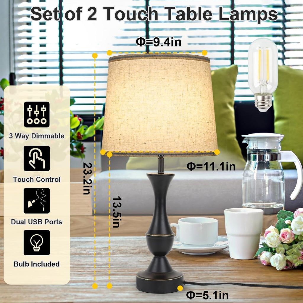 LALISU Touch Lamps for Bedrooms Set of 2, Farmhouse Table Lamp with USB C Charging Port, 3 Way Dimmable Nightstand Lamps with Linen…
