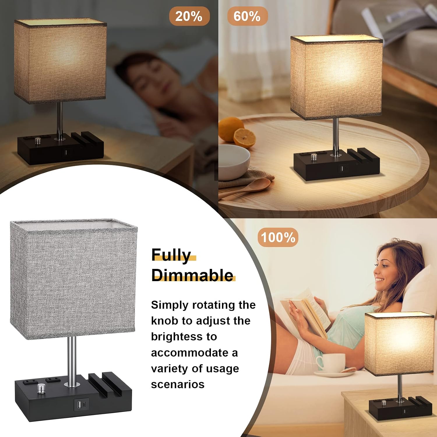Kakanuo Fully Dimmable Nightstand Lamp for Bedroom with USB C Ports, Grey Small Bedside Table Lamp with Charging Outlets and Phone…