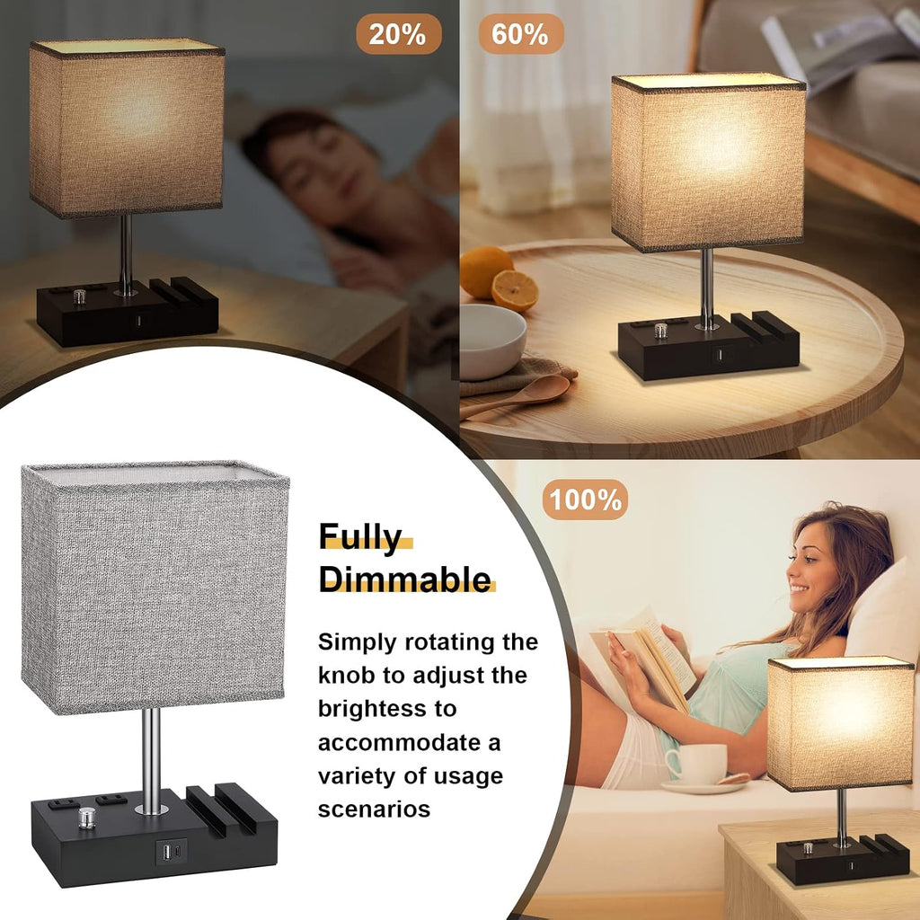 Kakanuo Fully Dimmable Bedside Lamps for Bedroom with USB C Ports, Grey USB Table Lamp Set of 2, Wooden Desk Lamp with 2 Charging Outlets…