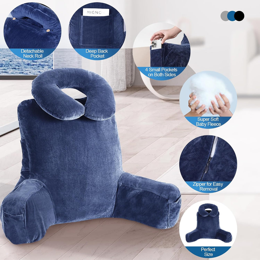 Rengue 31" Large Ergonomic Bed Rest Pillow, Reading Pillow with Arms Detachable Neck Roll Reading Pillow with Pockets for Sitting in Bed…