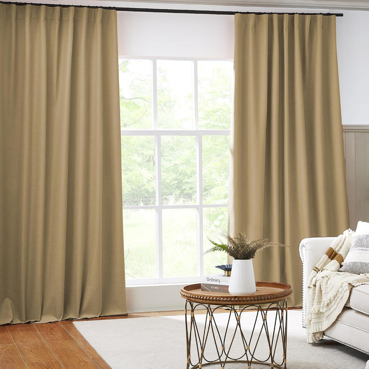 Keqiaosuocai Burlap Color Camel Linen Full Blackout Curtains for Living Room, Farmhouse Rustic Textured Back Tab Vertical Drapes for Countr…
