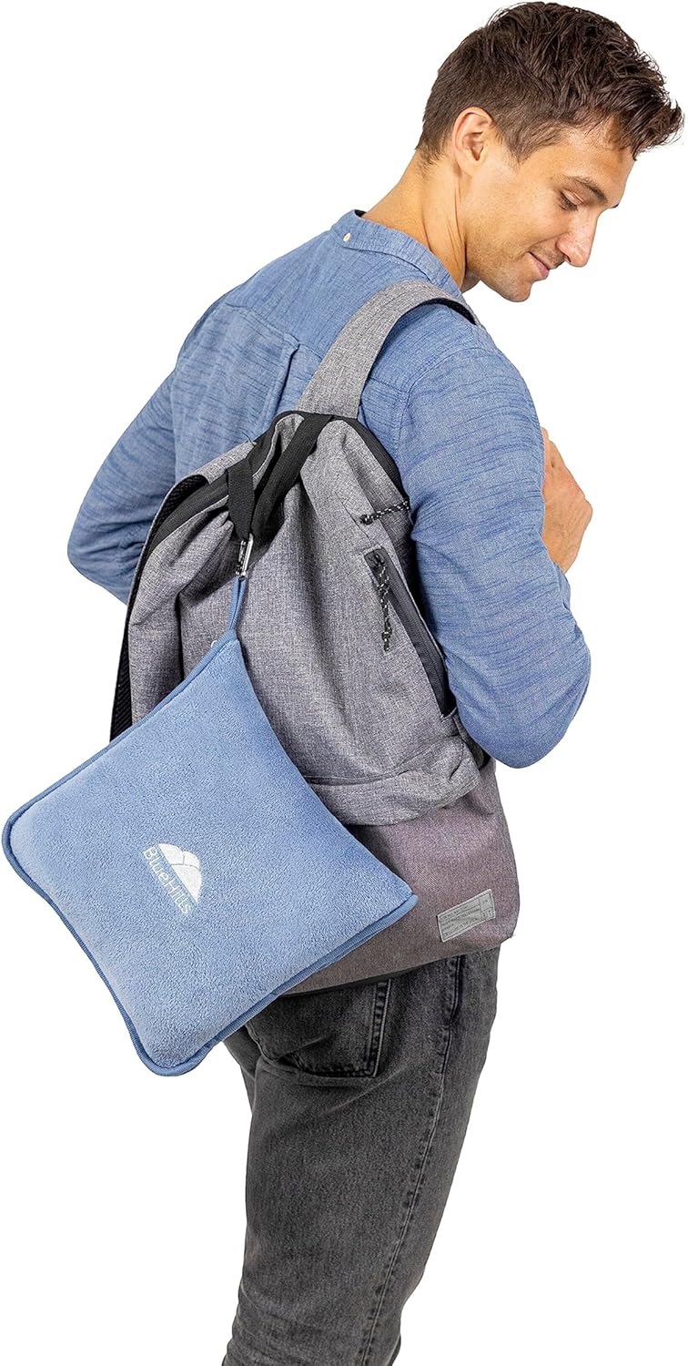 BlueHills Premium Soft Long Travel Blanket Pillow for Tall Airplane Flight Essentials Large Compact 2 in 1 Airline Throw Packable Warm…