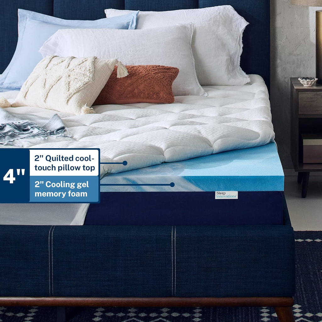 Sleep Innovations Cooling Comfort Gel Memory Foam Dual Layer Mattress Topper, 4 Inch, California King Size, Pillow Top Cover