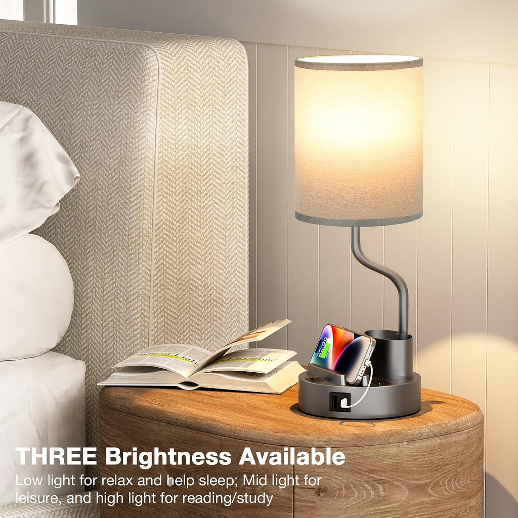 Grey Bedside Table Lamps for Bedroom Set of 2 - Nightstand Light with AC Outlet and USB A & C for Charging, 3 Color Temperatures Desk…