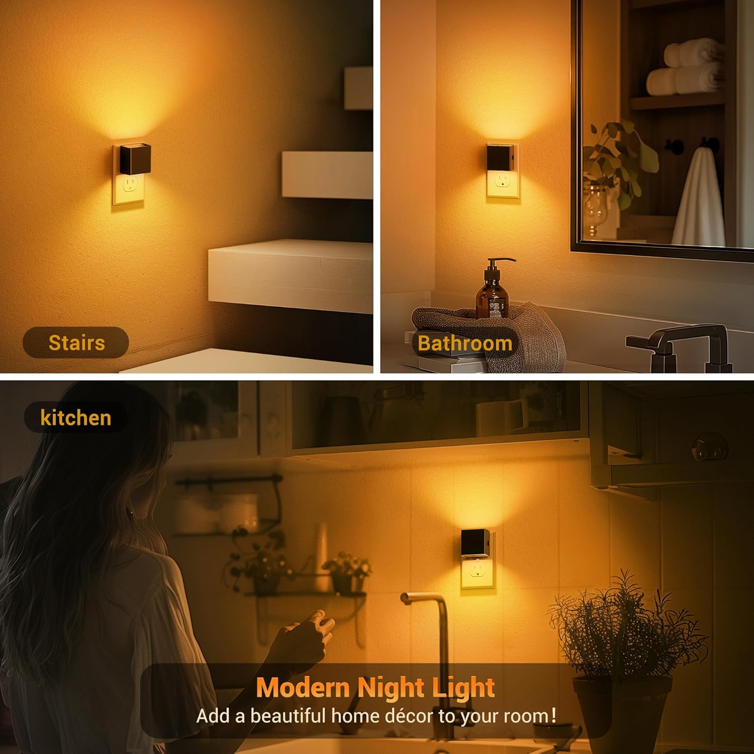 JandCase Night Light, Automatic Night Lights Plug into Wall, 2 Pack Modern Night Lights with Auto Light Sensor, Amber Brightness…